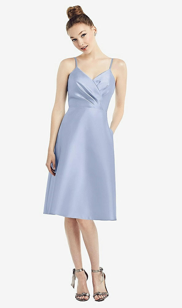 Front View - Sky Blue Draped Faux Wrap Cocktail Dress with Pockets