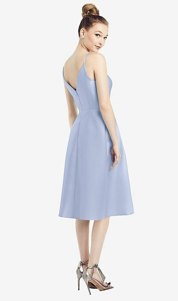 Back View - Sky Blue Draped Faux Wrap Cocktail Dress with Pockets