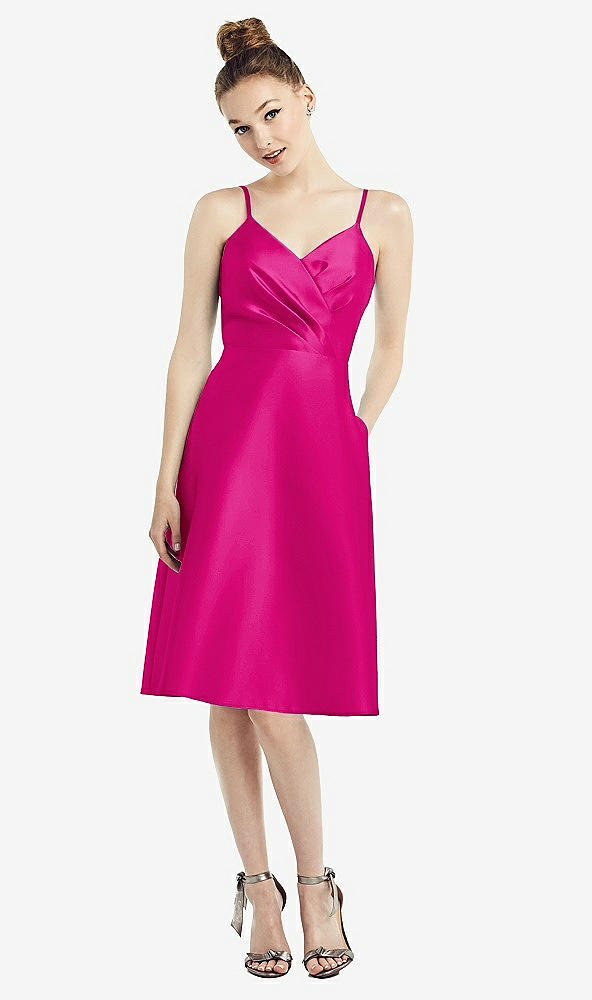 Front View - Think Pink Draped Faux Wrap Cocktail Dress with Pockets