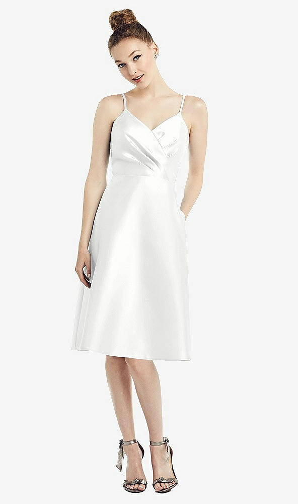 Front View - White Draped Faux Wrap Cocktail Dress with Pockets