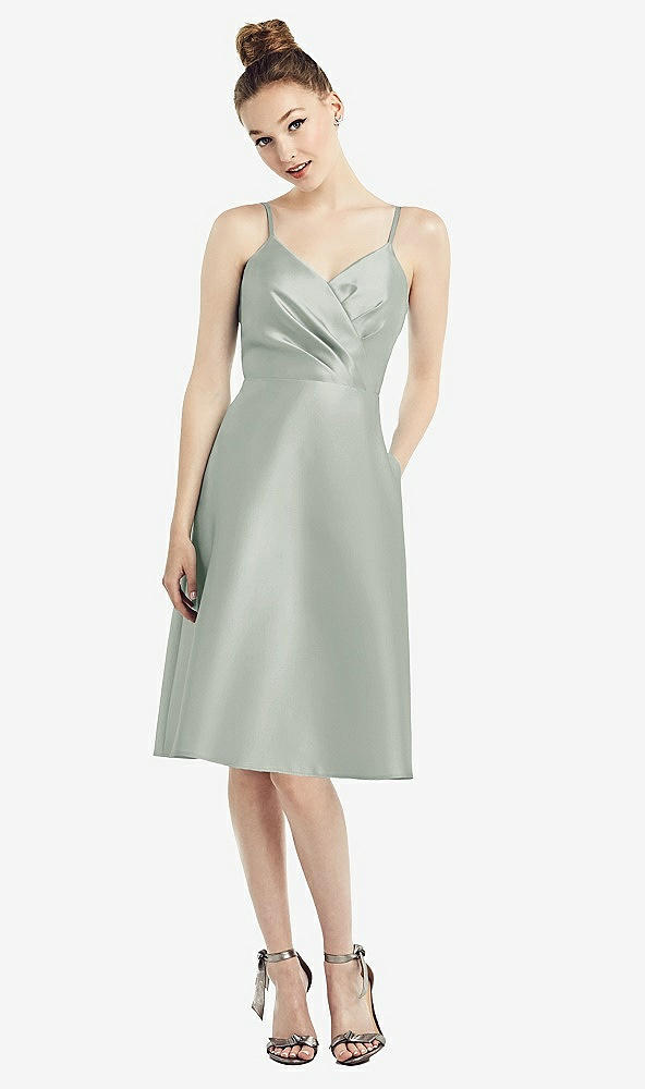 Front View - Willow Green Draped Faux Wrap Cocktail Dress with Pockets