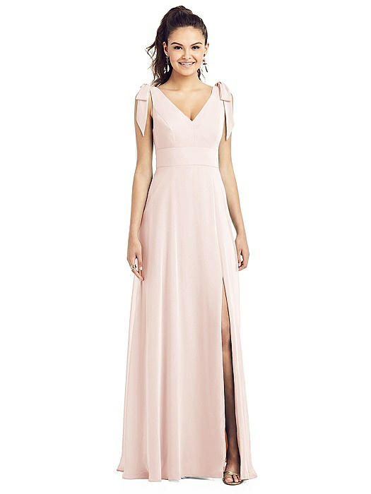 Bow-Shoulder V-Back Chiffon Gown with Front Slit