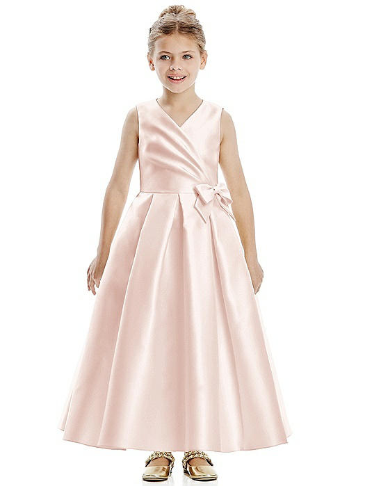 Faux Wrap Pleated Skirt Satin Twill Flower Girl Dress with Bow