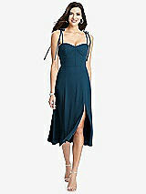 Front View Thumbnail - Atlantic Blue Bustier Crepe Midi Dress with Adjustable Bow Straps