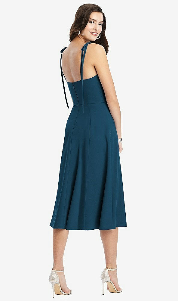 Back View - Atlantic Blue Bustier Crepe Midi Dress with Adjustable Bow Straps