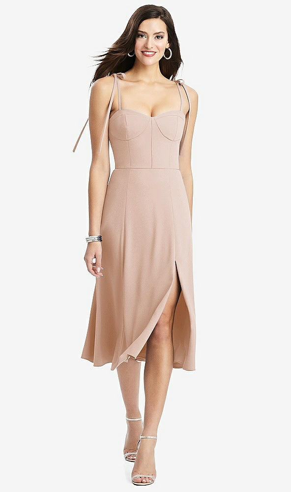 Front View - Cameo Bustier Crepe Midi Dress with Adjustable Bow Straps