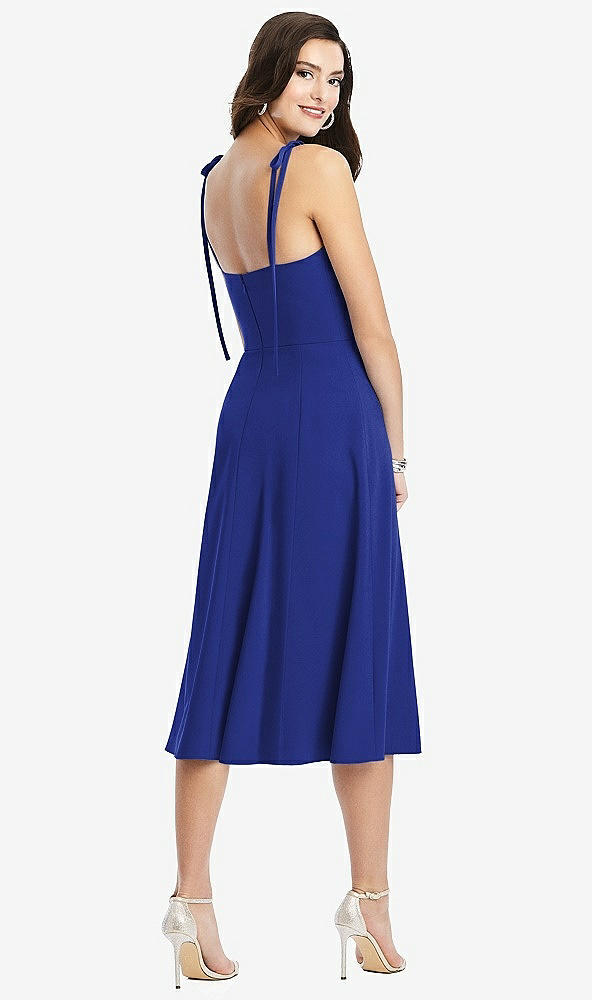 Back View - Cobalt Blue Bustier Crepe Midi Dress with Adjustable Bow Straps