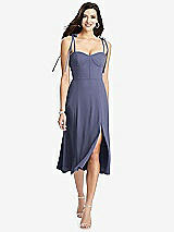 Front View Thumbnail - French Blue Bustier Crepe Midi Dress with Adjustable Bow Straps