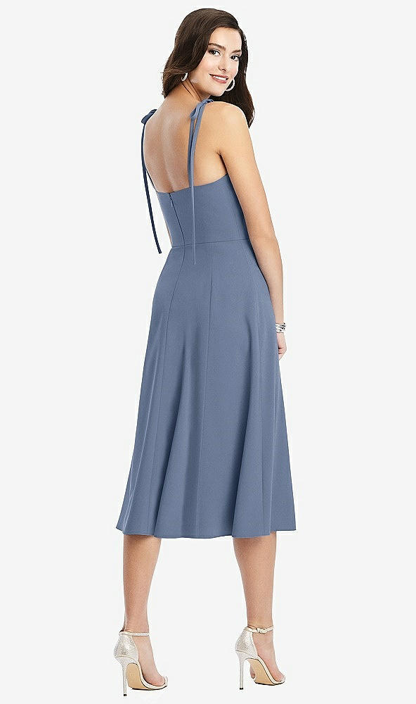 Back View - Larkspur Blue Bustier Crepe Midi Dress with Adjustable Bow Straps