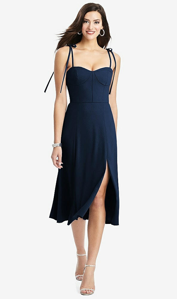 Front View - Midnight Navy Bustier Crepe Midi Dress with Adjustable Bow Straps