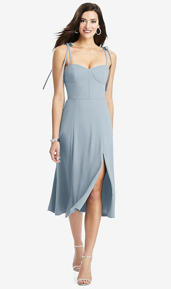 Front View - Mist Bustier Crepe Midi Dress with Adjustable Bow Straps