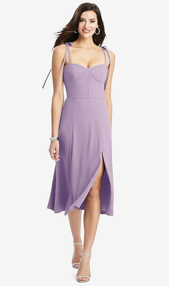 Front View - Pale Purple Bustier Crepe Midi Dress with Adjustable Bow Straps