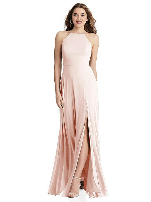 High Neck Chiffon Maxi Dress with Front Slit - Lela