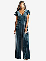 Front View Thumbnail - Dutch Blue Flutter Sleeve Velvet Jumpsuit with Pockets