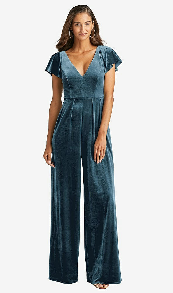 Front View - Dutch Blue Flutter Sleeve Velvet Jumpsuit with Pockets