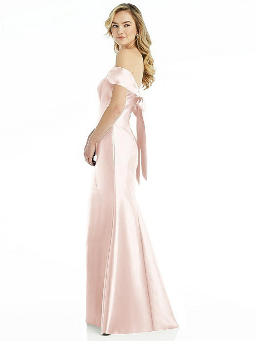 Off-the-Shoulder Bow-Back Satin Trumpet Gown