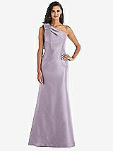 Alt View 1 Thumbnail - Lilac Haze Bow One-Shoulder Satin Trumpet Gown