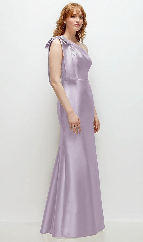 Back View - Lilac Haze Bow One-Shoulder Satin Trumpet Gown