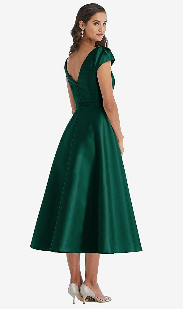 Back View - Hunter Green Puff Sleeve Bow-Waist Full Skirt Satin Midi Dress