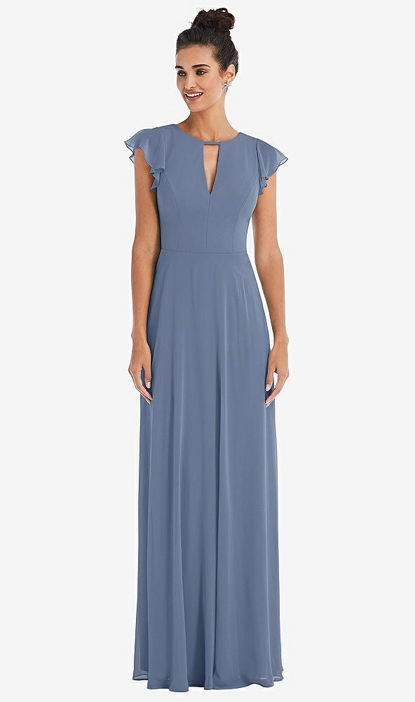 Front View - Larkspur Blue Flutter Sleeve V-Keyhole Chiffon Maxi Dress