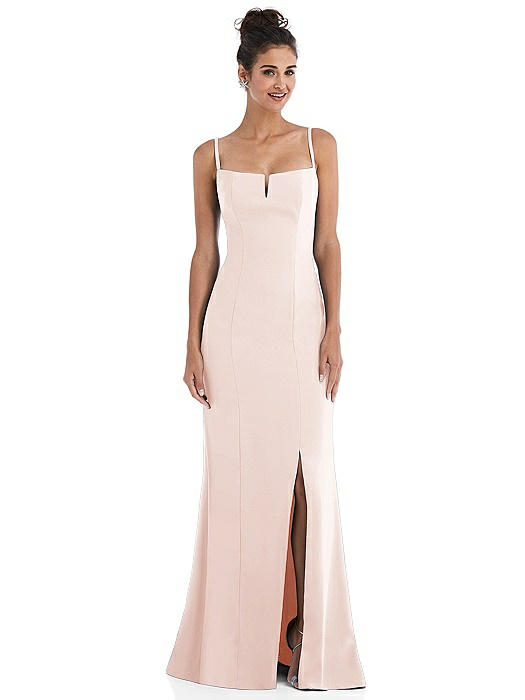 Notch Crepe Trumpet Gown with Front Slit