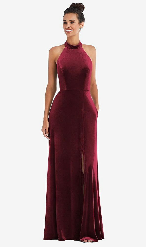 Front View - Cabernet High-Neck Halter Velvet Maxi Dress with Front Slit