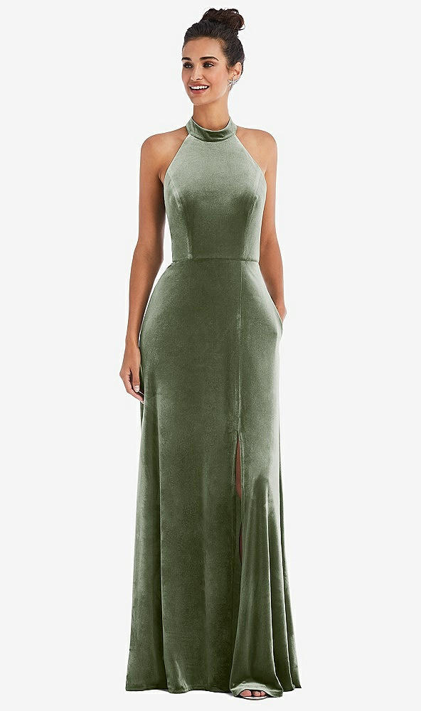 Front View - Sage High-Neck Halter Velvet Maxi Dress with Front Slit