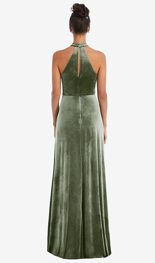 Back View - Sage High-Neck Halter Velvet Maxi Dress with Front Slit