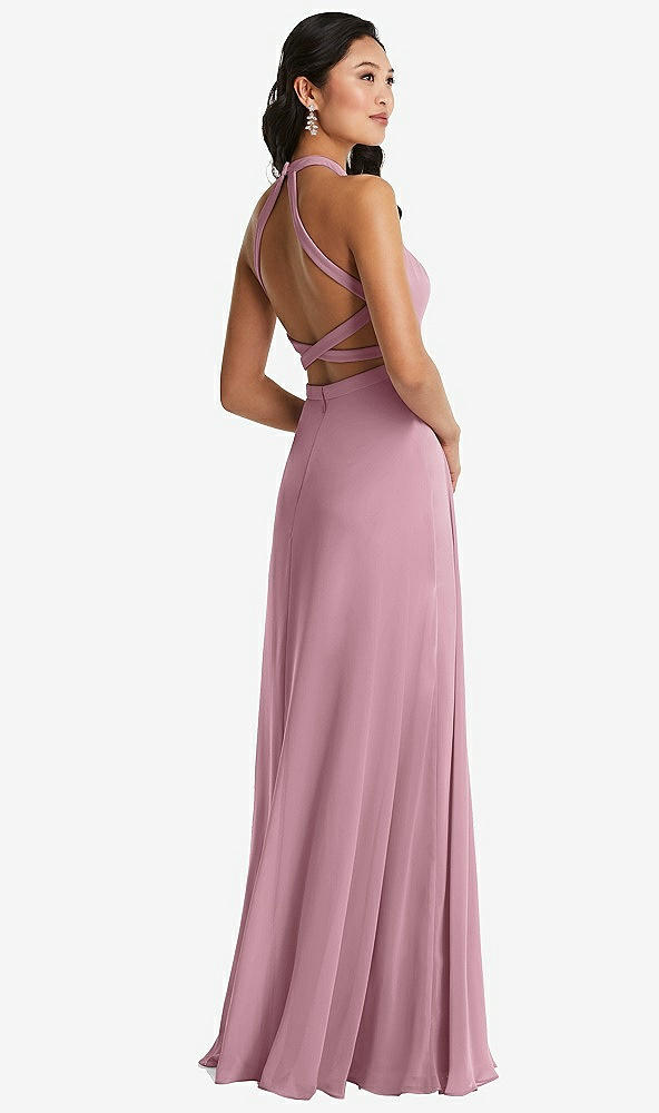 Front View - Dusty Pink Stand Collar Halter Maxi Dress with Criss Cross Open-Back