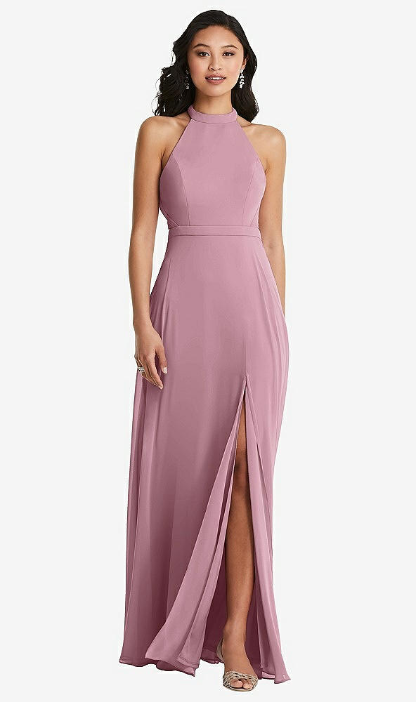 Back View - Dusty Pink Stand Collar Halter Maxi Dress with Criss Cross Open-Back