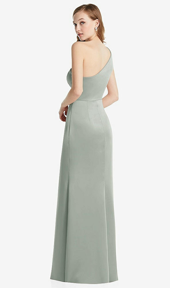 Back View - Willow Green Shirred One-Shoulder Satin Trumpet Dress - Maddie