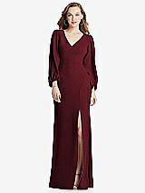 Alt View 1 Thumbnail - Cabernet Long Puff Sleeve V-Neck Trumpet Gown