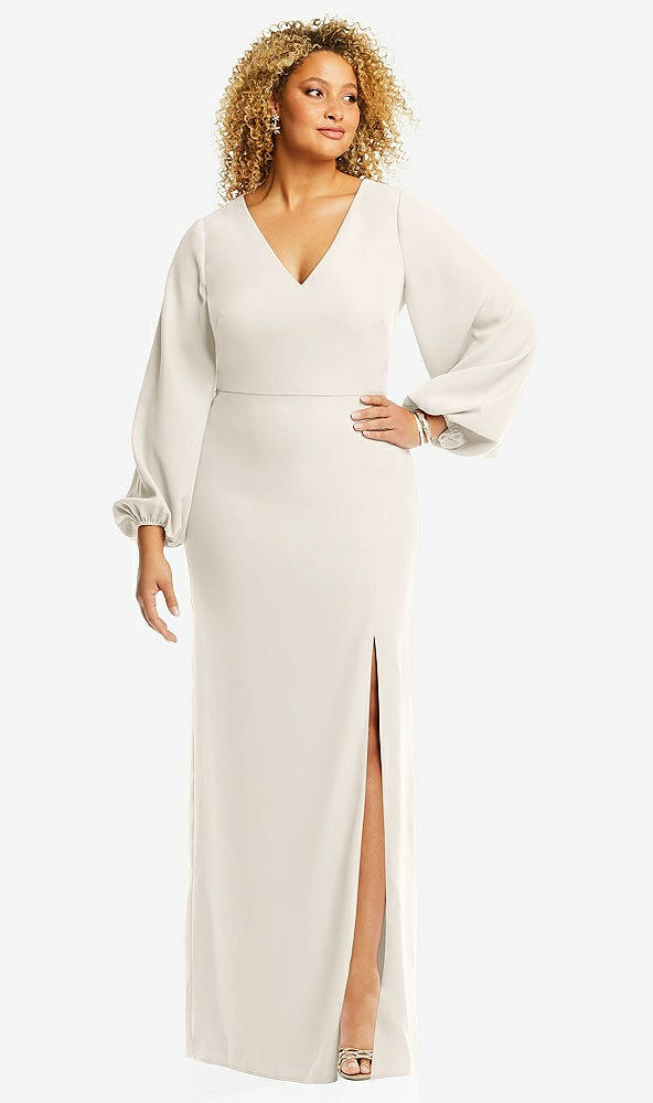 Front View - Ivory Long Puff Sleeve V-Neck Trumpet Gown