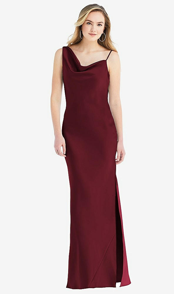 Front View - Cabernet Asymmetrical One-Shoulder Cowl Maxi Slip Dress