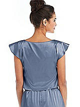 Rear View Thumbnail - Larkspur Blue Satin Tie-Front Lounge Crop Top - Frankie