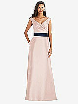 Front View Thumbnail - Blush & Midnight Navy Off-the-Shoulder Draped Wrap Satin Maxi Dress