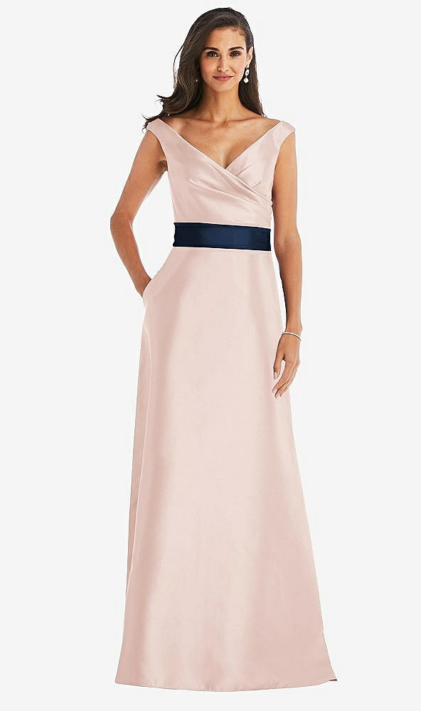 Front View - Blush & Midnight Navy Off-the-Shoulder Draped Wrap Satin Maxi Dress