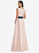 Rear View Thumbnail - Blush & Midnight Navy Off-the-Shoulder Draped Wrap Satin Maxi Dress