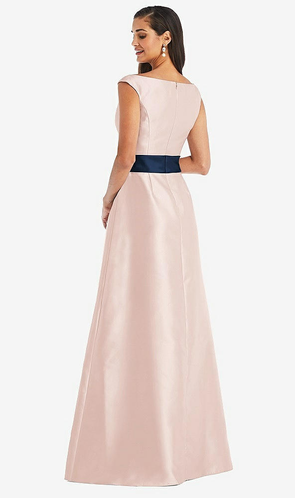 Back View - Blush & Midnight Navy Off-the-Shoulder Draped Wrap Satin Maxi Dress