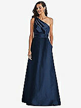 Alt View 1 Thumbnail - Midnight Navy & Midnight Navy Draped One-Shoulder Satin Maxi Dress with Pockets