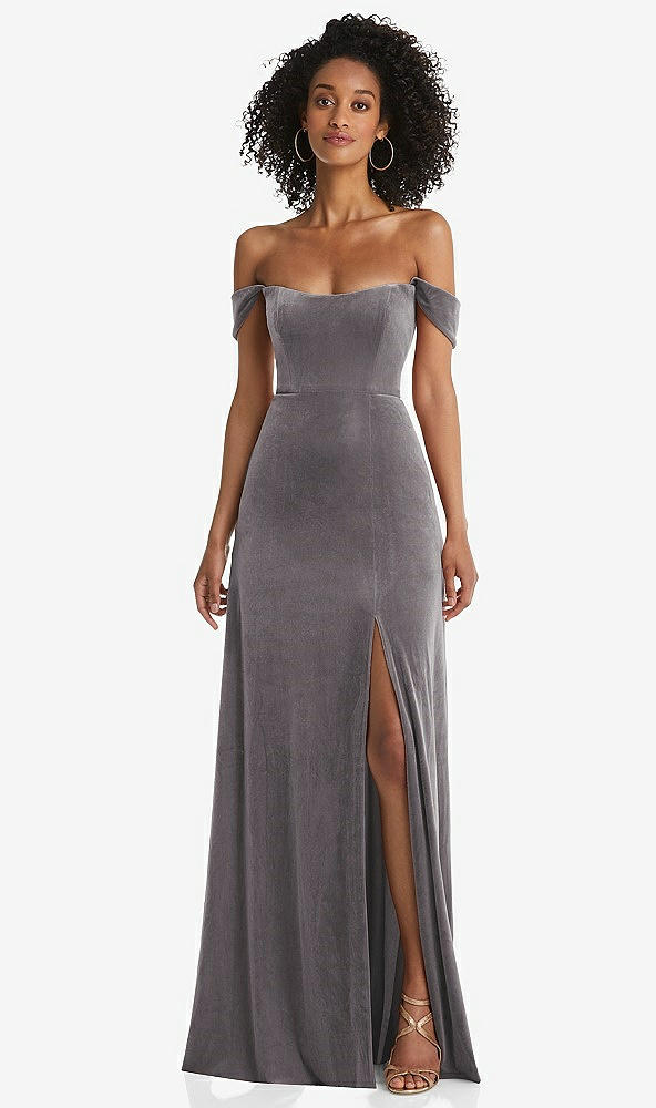 Front View - Caviar Gray Off-the-Shoulder Flounce Sleeve Velvet Maxi Dress