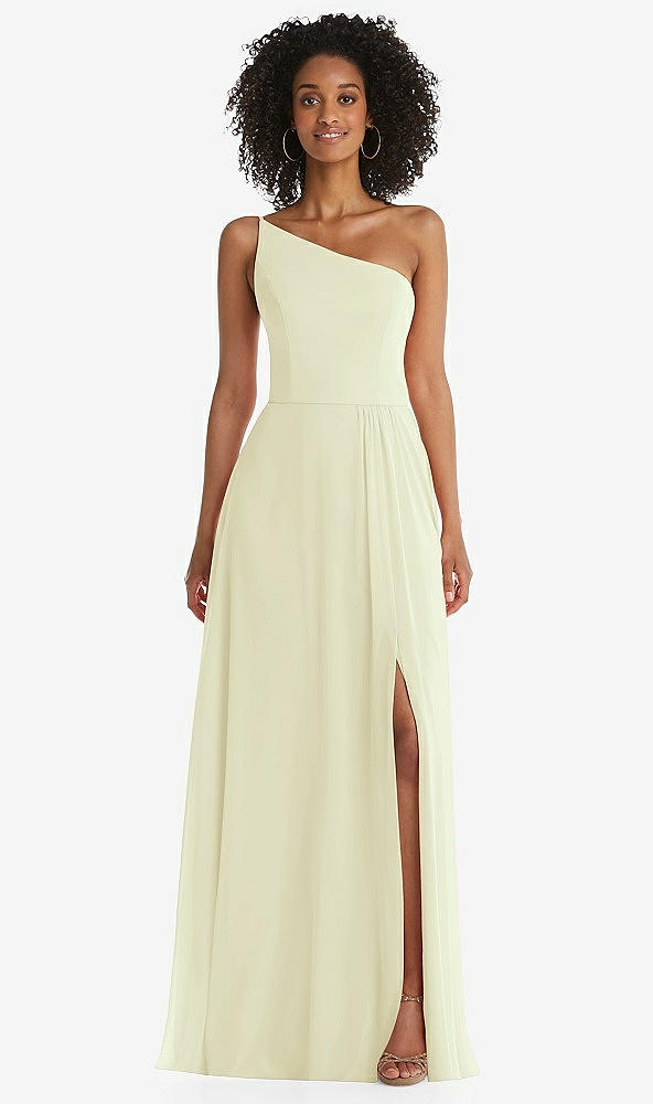 Front View - Butter Yellow One-Shoulder Chiffon Maxi Dress with Shirred Front Slit