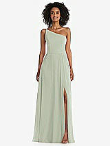 Front View Thumbnail - Celadon One-Shoulder Chiffon Maxi Dress with Shirred Front Slit