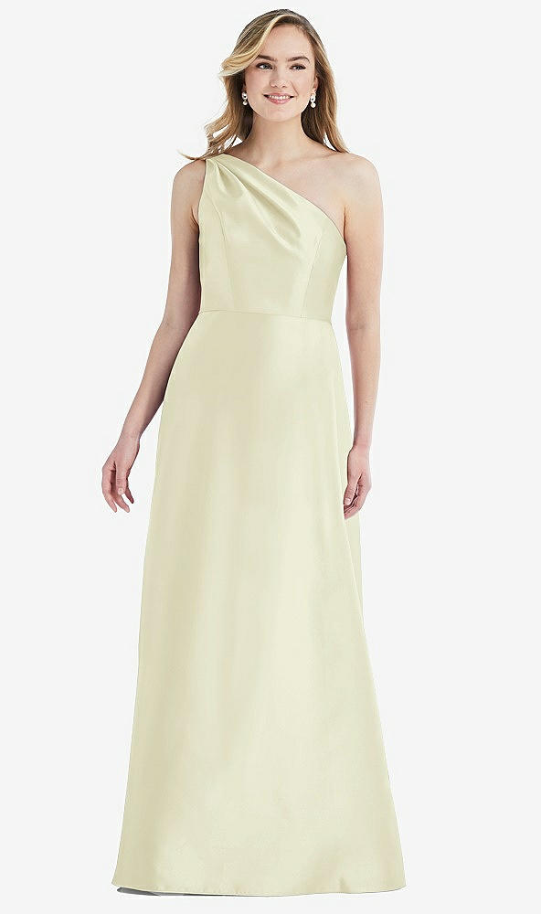 Front View - Butter Yellow Pleated Draped One-Shoulder Satin Maxi Dress with Pockets