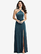 Front View Thumbnail - Dutch Blue High Neck Halter Open-Back Velvet Dress - Alix