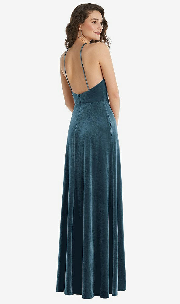 Back View - Dutch Blue High Neck Halter Open-Back Velvet Dress - Alix