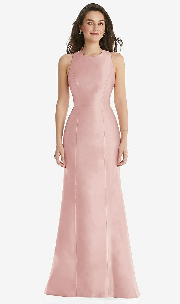Front View - Rose Jewel Neck Bowed Open-Back Trumpet Dress 