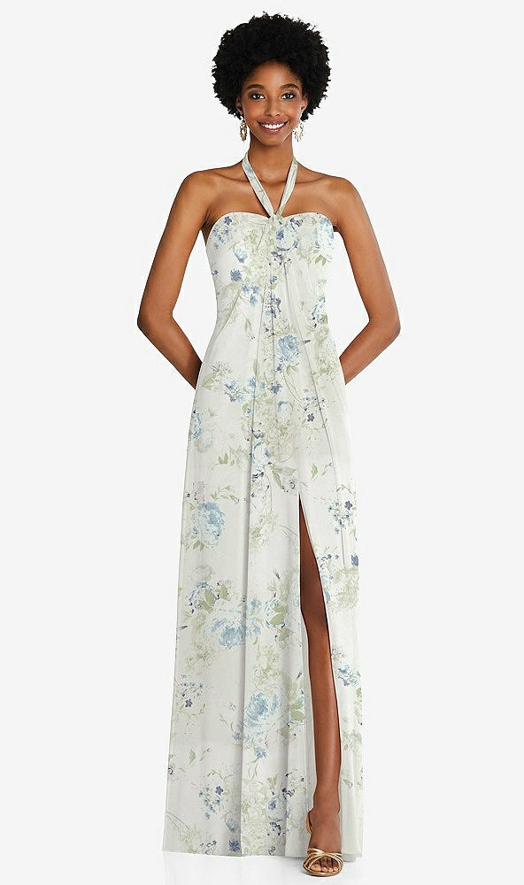 Front View - Bleu Garden Draped Chiffon Grecian Column Gown with Convertible Straps