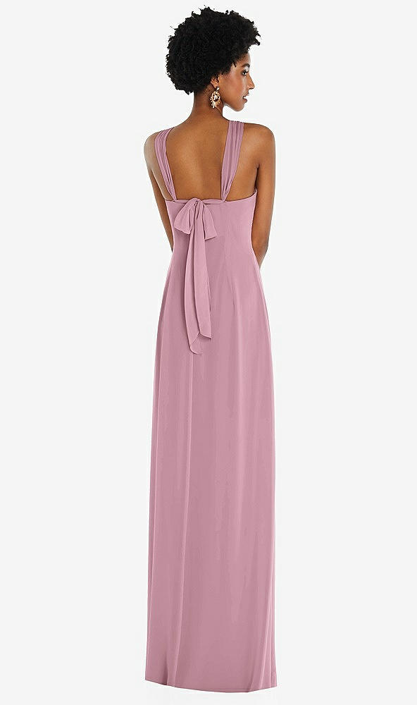 Back View - Dusty Pink Draped Chiffon Grecian Column Gown with Convertible Straps