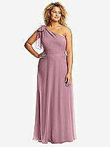 Front View Thumbnail - Dusty Pink Draped One-Shoulder Maxi Dress with Scarf Bow